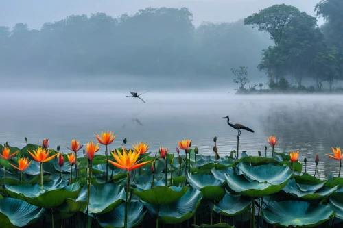 lotus pond,lotus on pond,lotuses,morning mist,lotus flowers,foggy landscape,lily pond,migratory birds,lotus plants,sacred lotus,lily pads,bird kingdom,golden lotus flowers,tern in mist,water lotus,tropical birds,water lilies,lilies,lilies of the valley,nature landscape,Photography,General,Natural