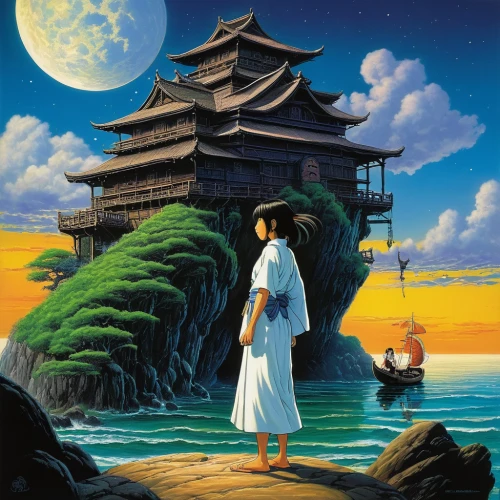 rem in arabian nights,studio ghibli,oriental,asian architecture,oriental princess,asian vision,japan landscape,orientalism,japanese background,oriental painting,japanese art,fantasy picture,oriental girl,shirakami-sanchi,travel poster,japanese architecture,theatrical scenery,japanese woman,golden pavilion,monkey island,Illustration,American Style,American Style 07