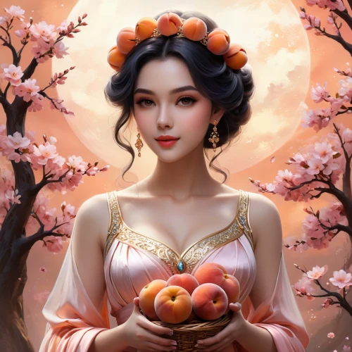 peach flower,apple blossoms,apricot blossom,plum blossoms,plum blossom,peach blossom,rose apples,fruit blossoms,apricots,blossoming apple tree,peach tree,woman eating apple,dongfang meiren,chinese art,apricot flowers,oriental princess,red apples,apple harvest,apple flowers,girl picking apples,Illustration,Realistic Fantasy,Realistic Fantasy 01