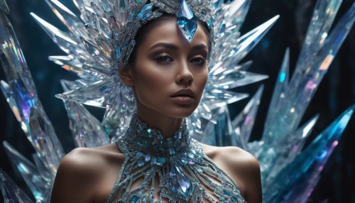 crystalline,ice queen,asian vision,cyberspace,glass fiber,crystal,aura,digital compositing,blue enchantress,crystals,ice princess,ice crystal,fractalius,prismatic,artificial hair integrations,headpiece,miss vietnam,3d fantasy,avatar,chrystal,Photography,General,Natural