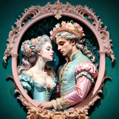 romantic portrait,rococo,young couple,the carnival of venice,prince and princess,fairytale characters,fantasy portrait,amorous,magic mirror,porcelain dolls,fairy tale icons,decorative frame,beautiful couple,a fairy tale,fairy tale,love couple,frame illustration,husband and wife,man and wife,couple in love