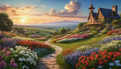 fantasy landscape,fairy tale castle,home landscape,fairytale castle,flower garden,cottage garden,fantasy picture,splendor of flowers,flower meadow,landscape background,meadow landscape,flower field,fairy tale,a fairy tale,children's fairy tale,field of flowers,tulip field,fairytale,tulip festival,beautiful landscape,Photography,General,Realistic