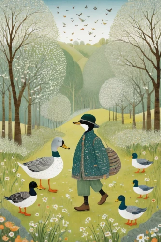 flower and bird illustration,kate greenaway,st martin's day goose,spring meadow,wild geese,mallards,carol colman,flock home,spring bird,springtime background,waders,early spring,wild ducks,flock of birds,birds singing,geese,spring morning,spring greeting,songbirds,meadow bird,Illustration,American Style,American Style 03