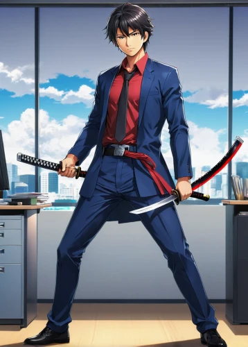 office ruler,martial arts uniform,swordsman,archer,anime japanese clothing,fighting stance,kenjutsu,samurai sword,swordsmen,sensei,navy suit,battōjutsu,yukio,white-collar worker,school uniform,samurai,blue-collar worker,desk top,red and blue,martial arts,Illustration,Japanese style,Japanese Style 03