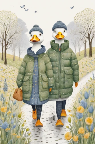 a pair of geese,early spring,bird couple,winter chickens,daffodil field,penguin couple,autumn walk,winter clothing,wintry,winter animals,wild ducks,snowdrops,old couple,daffodils,winter clothes,early winter,beginning of spring,digiscrap,a collection of short stories for children,snow scene