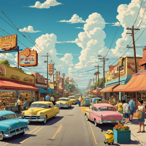 route66,route 66,car hop,fifties,retro diner,drive in restaurant,austin cambridge,fallout4,flea market,50's style,street scene,street canyon,aronde,gas-station,hippy market,americana,world digital painting,cartoon video game background,50s,shopping street,Photography,General,Realistic