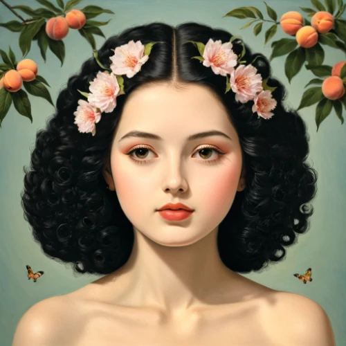 orange blossom,jasmine blossom,peach blossom,peach flower,magnolia,flower fairy,fantasy portrait,girl in flowers,apple blossoms,apple blossom,cupido (butterfly),peach tree,vanessa (butterfly),geisha girl,sugar-apple,peach rose,linden blossom,girl in a wreath,vintage girl,flower girl