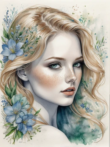 flower painting,watercolor floral background,blue hydrangea,girl in flowers,watercolor women accessory,flower illustrative,faery,blue petals,fantasy portrait,blue flowers,faerie,elven flower,flower fairy,flora,blue flower,beautiful girl with flowers,blue bonnet,blue rose,watercolor blue,lisianthus,Illustration,Black and White,Black and White 30