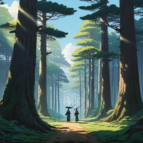 forest walk,forest path,pine forest,forest road,forest,studio ghibli,the forest,forest background,happy children playing in the forest,forest of dreams,old-growth forest,forest landscape,redwoods,fir forest,in the forest,spruce forest,the forests,cartoon forest,pines,coniferous forest,Illustration,Japanese style,Japanese Style 18