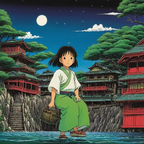 studio ghibli,shirakami-sanchi,cool woodblock images,mulan,full moon day,tsukemono,aonori,arashiyama,my neighbor totoro,little girl in wind,nori,anime japanese clothing,moonlit,moonrise,kiyomizu,moonlit night,dragon of earth,kyoto,full moon,lunar,Illustration,Japanese style,Japanese Style 11