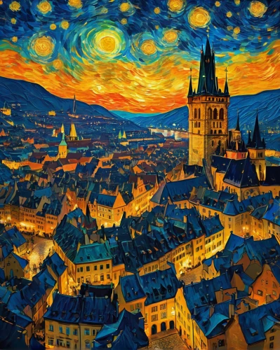 prague,prague castle,český krumlov,dresden,bamberg,starry night,brno,würzburg,night scene,post impressionism,ulm,erfurt,matthias church,muenster,mikulov,colorful city,nuremberg,krumlov,erzglanz star,sibiu,Illustration,Realistic Fantasy,Realistic Fantasy 02