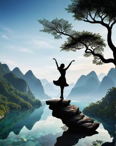 half lotus tree pose,qi gong,shaolin kung fu,yoga silhouette,baguazhang,taijiquan,leap for joy,mountain spirit,landscape background,gracefulness,sun salutation,leap of faith,equilibrist,the spirit of the mountains,lotus position,meditate,zen,silhouette dancer,surya namaste,wing chun,Illustration,Black and White,Black and White 31