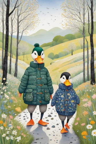 wild ducks,autumn walk,a pair of geese,stroll,bird couple,mallards,ducks,winter chickens,penguin couple,duck and turtle,flower and bird illustration,early spring,book illustration,walking in the rain,clover jackets,digiscrap,forest walk,hikers,greetting card,a collection of short stories for children,Illustration,American Style,American Style 03
