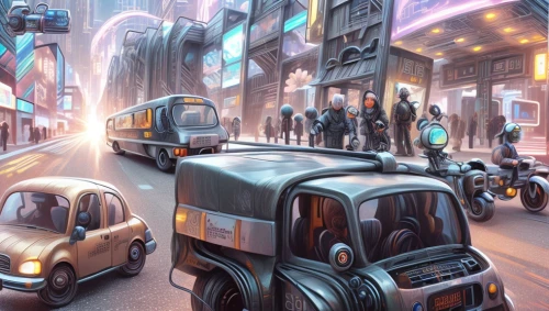sci fiction illustration,world digital painting,fantasy city,transport and traffic,city car,pedestrian lights,futuristic landscape,the transportation system,colorful city,street car,city scape,taxicabs,street scene,city cities,electric mobility,taxi stand,cities,city bus,smart city,public transportation