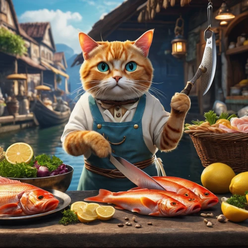 fishmonger,oktoberfest cats,fish-surgeon,saganaki,chef,sea foods,bouillabaisse,fresh fish,cat european,figaro,sea food,cat-ketch,caterer,gastronomy,scampi,red tabby,cuisine classique,men chef,types of fishing,fish market,Photography,General,Realistic