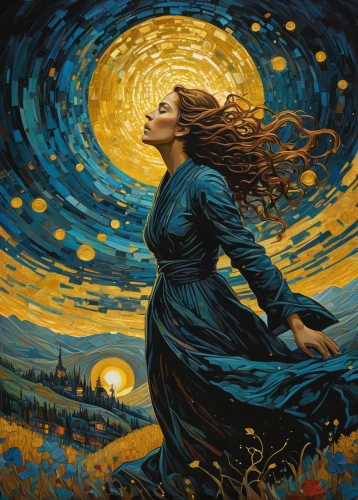 blue moon rose,starry night,little girl in wind,mother earth,blue moon,woman playing,heliosphere,celtic woman,way of the roses,falling star,fantasy art,mystical portrait of a girl,woman of straw,the wind from the sea,sci fiction illustration,whirling,spring equinox,solar wind,sorceress,moon phase,Illustration,Realistic Fantasy,Realistic Fantasy 25