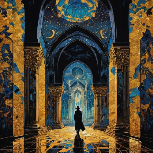 hall of the fallen,pilgrimage,blue room,fantasia,mystery book cover,portal,sci fiction illustration,masquerade,archimandrite,mirror of souls,cathedral,baroque,the collector,blue doors,sanctuary,the threshold of the house,fantasy picture,rem in arabian nights,indigo,monastery,Illustration,Realistic Fantasy,Realistic Fantasy 46