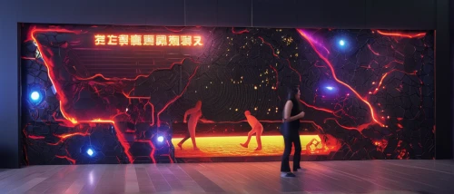 chinese screen,room divider,door to hell,a museum exhibit,hall of the fallen,fire screen,devil wall,art gallery,3d background,gymnastics room,led display,neon sign,exhibit,electric arc,stage curtain,futuristic art museum,installation,cyberspace,wall,dungeon,Photography,General,Realistic