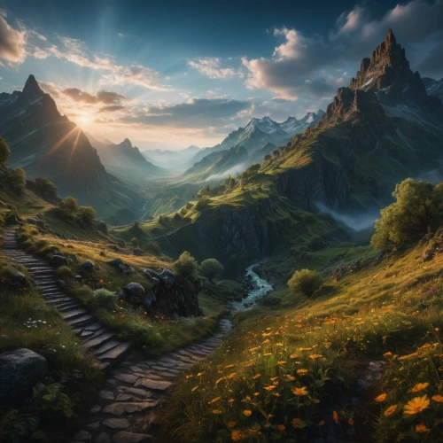 fantasy landscape,mountain landscape,the mystical path,mountainous landscape,landscape mountains alps,high alps,hiking path,the alps,mountain scene,fantasy picture,mountain sunrise,mountain world,mountain valleys,alpine crossing,the landscape of the mountains,the valley of the,landscape background,the path,alps,mountainside,Photography,General,Fantasy