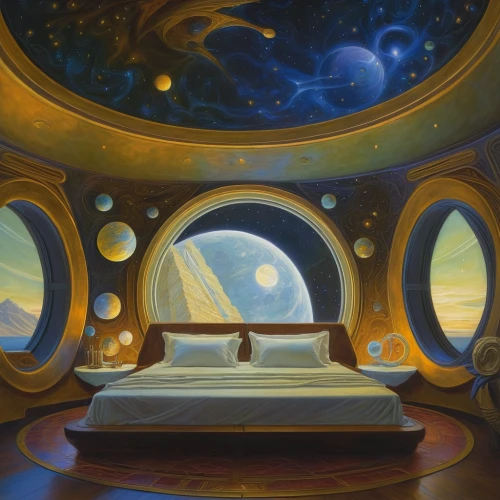 ufo interior,sleeping room,copernican world system,sci fiction illustration,stargate,musical dome,sky space concept,planetarium,space art,dreamland,dream world,capsule hotel,astronomy,planetary system,spaceship space,astronomer,futuristic landscape,inner space,space voyage,scene cosmic,Illustration,Realistic Fantasy,Realistic Fantasy 03