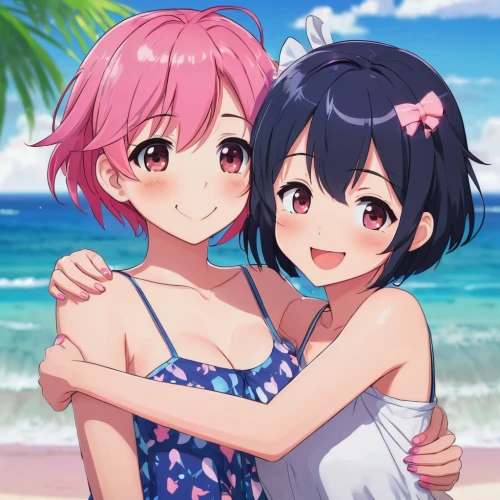 beach background,kawaii people swimming,honolulu,summer background,summer icons,hands holding,watermelon background,beach goers,pink beach,pink background,sonoda love live,sanya,hiyayakko,tan-tan,himuto,two girls,honmei choco,together and happy,reizei,protect,Illustration,Japanese style,Japanese Style 03