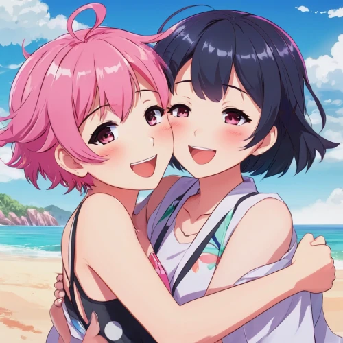 hiyayakko,beach background,together and happy,beach goers,kawaii people swimming,summer icons,pink beach,hands holding,summer background,hug,two girls,protect,love live,hand in hand,watermelon background,beach scenery,lover's beach,reizei,honmei choco,punta cana,Illustration,Japanese style,Japanese Style 03