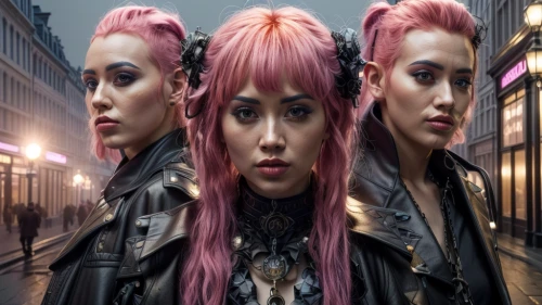 streampunk,pink hair,artificial hair integrations,birds of prey-night,harajuku,pink double,punk design,callisto,punk,pinkladies,pink lady,pink dawn,cyberpunk,clove pink,mohawk hairstyle,lychees,ipê-rosa,digital compositing,pink family,hair coloring