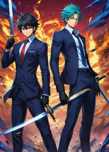 swordsmen,business men,suits,businessmen,my hero academia,phoenix,dragon slayers,lancers,persona,hero academy,business icons,kings,smouldering torches,swords,bird robins,fighters,angel and devil,fire background,alm,sword fighting,Illustration,Japanese style,Japanese Style 03
