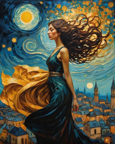 starry night,blue moon rose,oil painting on canvas,mystical portrait of a girl,fantasy art,blue moon,harmonia macrocosmica,girl in a long dress,queen of the night,moon phase,woman playing,art painting,oil painting,gypsy soul,fantasy picture,starry sky,sorceress,astronomer,italian painter,mary-gold,Illustration,Realistic Fantasy,Realistic Fantasy 06