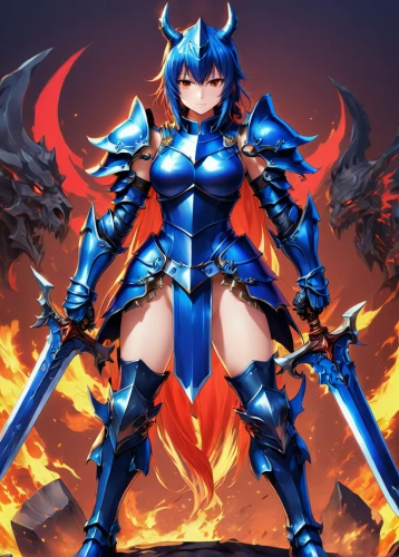 female warrior,swordswoman,fantasy warrior,fire devil,fire background,fire angel,fire siren,dragoon,blue enchantress,dragon slayer,dane axe,lancers,armored,anime 3d,hamearis lucina,knight festival,knight star,massively multiplayer online role-playing game,blue heart,dragon li,Illustration,Japanese style,Japanese Style 03