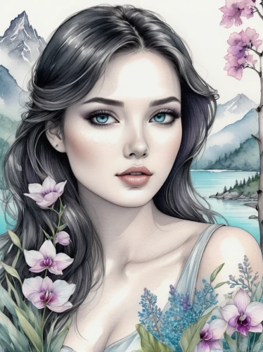 flower painting,floral background,watercolor floral background,fantasy portrait,mermaid background,flower background,japanese floral background,natural cosmetic,landscape background,portrait background,fantasy art,girl in flowers,watercolor women accessory,world digital painting,natural cosmetics,springtime background,watercolor background,faery,spring background,faerie,Illustration,Black and White,Black and White 30