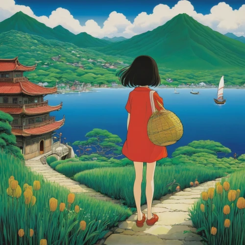 studio ghibli,shirakami-sanchi,mari makinami,sea beach-marigold,my neighbor totoro,travel poster,japan landscape,dream world,little girl in wind,world travel,japanese background,travel woman,traveler,globe trotter,yamada's rice fields,background image,two-point-ladybug,other world,girl picking flowers,asia,Illustration,Japanese style,Japanese Style 20