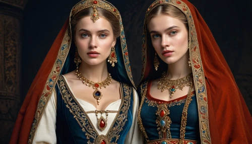 gothic portrait,two girls,candlemas,mother and daughter,russian folk style,young women,mirror image,russian dolls,tudor,women's clothing,women clothes,camelot,folk costumes,cepora judith,candlesticks,sisters,miss circassian,diadem,thracian,sterntaler,Photography,General,Natural