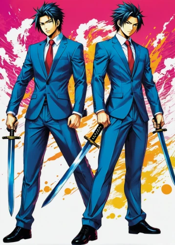 swordsmen,suits,business men,sakana,businessmen,business icons,swords,stand models,swordsman,sword fighting,husbands,kings,my hero academia,fighting poses,dragon slayers,red and blue,gentleman icons,game characters,smouldering torches,lancers,Illustration,Japanese style,Japanese Style 04