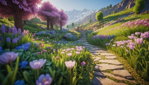 pathway,wooden path,forest path,the mystical path,hiking path,fairy forest,spring background,lavandula,springtime background,tulip festival,purple landscape,the path,tulips,tulip field,fairy world,spring garden,field of flowers,pink grass,flower field,blooming field,Photography,General,Natural