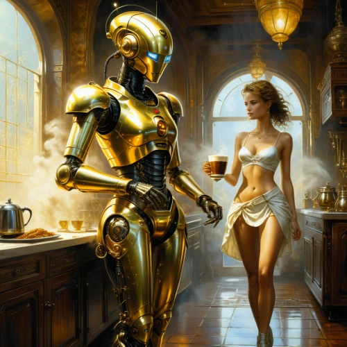 c-3po,droids,droid,sci fiction illustration,sci fi,gold chalice,science fiction,cg artwork,barmaid,r2d2,golden apple,golden ritriver and vorderman dark,coffee maker,fantasy art,sci - fi,sci-fi,robots,coffee break,science-fiction,coffeemaker,Illustration,Realistic Fantasy,Realistic Fantasy 03