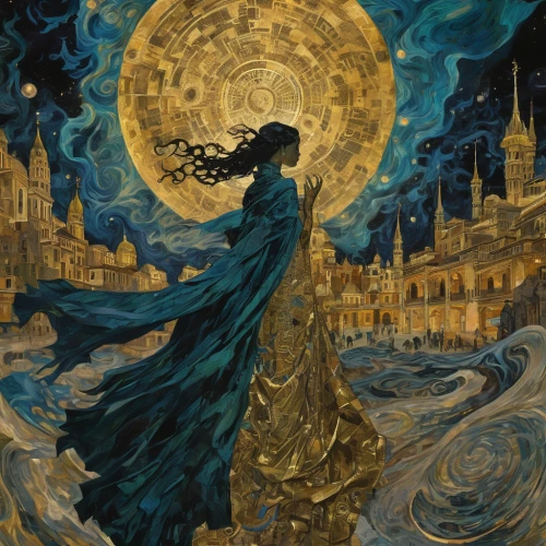 queen of the night,fantasia,amano,rem in arabian nights,rusalka,the carnival of venice,sorceress,rosa ' amber cover,siren,harmonia macrocosmica,vincent van gough,maelstrom,the enchantress,starry night,gold foil mermaid,masquerade,astral traveler,fantasy art,the wind from the sea,cosmos wind,Illustration,Realistic Fantasy,Realistic Fantasy 47