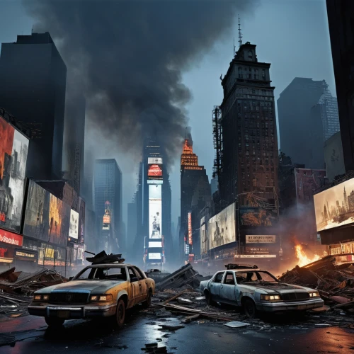 destroyed city,black city,apocalyptic,concept art,action-adventure game,dystopian,post-apocalyptic landscape,city in flames,post apocalyptic,the pollution,new york,mobile video game vector background,new york taxi,new york streets,time square,digital compositing,the end of the world,game art,cartoon video game background,development concept,Photography,Artistic Photography,Artistic Photography 06