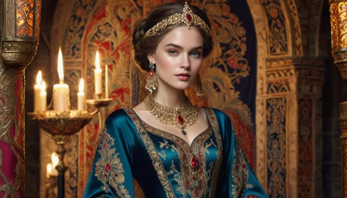 miss circassian,gold ornaments,russian folk style,abaya,mazarine blue,royal lace,women clothes,bridal jewelry,girl in a historic way,embellished,ethnic design,accolade,women's clothing,ornate,bridal clothing,gold jewelry,women fashion,diadem,jasmine blue,oriental princess,Photography,General,Natural