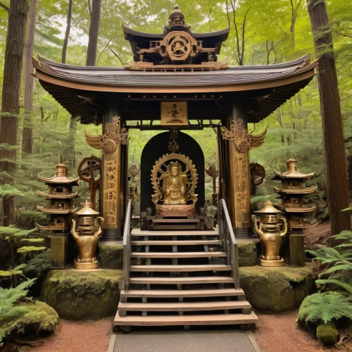 japanese shrine,buddhist temple,shrine,koyasan,shinto shrine,kumano kodo,淡島神社,somtum,vipassana,shakyamuni,stone pagoda,the golden pavilion,rokuon-ji,beomeosa temple,pagoda,spiritual environment,chinese temple,golden pavilion,buddha statue,tsukemono,Illustration,Realistic Fantasy,Realistic Fantasy 13