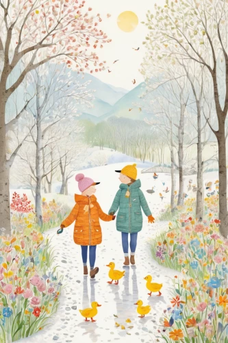walking in the rain,autumn walk,spring greeting,early spring,snow scene,little girls walking,flower and bird illustration,girl and boy outdoor,stroll,spring,walk with the children,springtime,spring morning,rainy day,early winter,springtime background,autumn day,daffodil field,in the autumn,beginning of spring,Illustration,Japanese style,Japanese Style 19