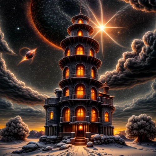 tower of babel,fantasy picture,fairy chimney,stone pagoda,ancient house,fantasy art,electric tower,fractals art,witch's house,astronomy,temples,planetarium,pagoda,psychedelic art,3d fantasy,witch house,lighthouse,panopticon,fractal environment,fractal art