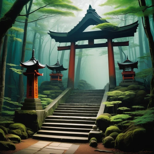 japanese shrine,cartoon video game background,bamboo forest,world digital painting,japan landscape,japanese background,torii,shinto shrine,tsukemono,backgrounds,mobile video game vector background,shinto,the mystical path,forest path,japanese art,3d background,forest background,wooden path,fantasy landscape,game illustration,Illustration,Realistic Fantasy,Realistic Fantasy 16