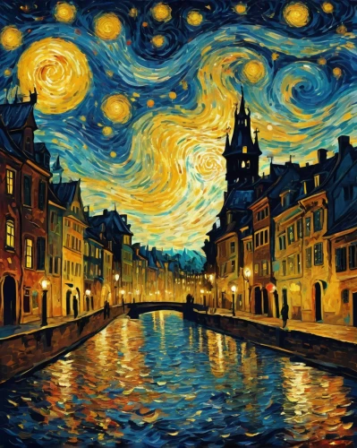 vincent van gogh,starry night,vincent van gough,post impressionism,night scene,art painting,post impressionist,the night sky,art paint,night sky,canals,delft,herfstanemoon,oil painting on canvas,starry sky,amsterdam,night image,painting technique,glass painting,artistic,Illustration,Realistic Fantasy,Realistic Fantasy 02