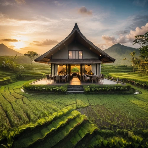 asian architecture,ricefield,rice field,rice terrace,rice fields,indonesia,the rice field,ubud,home landscape,beautiful home,thai temple,southeast asia,traditional house,bali,thai,rice paddies,thailand,ancient house,roof landscape,tropical house,Photography,General,Cinematic