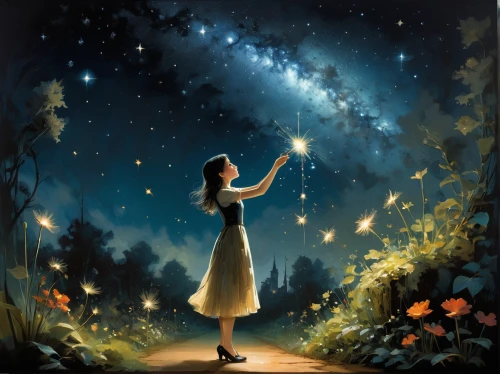 falling star,fairy galaxy,fireflies,starry sky,starlight,falling stars,firefly,fairy dust,star scatter,fairies aloft,astronomer,fantasy picture,runaway star,night stars,the night sky,the stars,starry,starfield,star of bethlehem,night star,Illustration,Realistic Fantasy,Realistic Fantasy 16