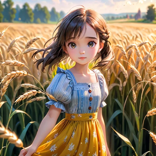 little girl in wind,country dress,wheat field,yellow grass,countrygirl,farm girl,wheat fields,farm background,field of cereals,girl picking flowers,girl in flowers,chamomile in wheat field,in the tall grass,meadow,agnes,straw field,prairie,corn field,meadow play,in the field,Anime,Anime,Cartoon