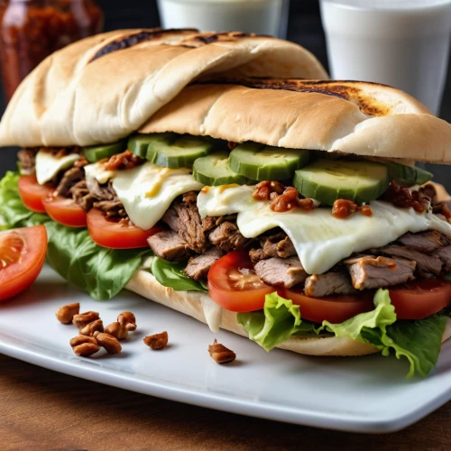 chivito,submarine sandwich,shawarma,cemita,doner kebab,sandwich wrap,tuna fish sandwich,cheesesteak,burger king grilled chicken sandwiches,original chicken sandwich,bánh mì,italian beef,club sandwich,doner,moo shu pork,panini,sandwiches,ekmek kadayıfı,po' boy,southwestern united states food,Photography,General,Realistic