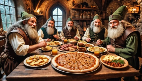 dwarf cookin,dwarves,elves,irish meal,czech cuisine,slovakian cuisine,hungarian food,eastern european food,irish stew,schnecken,bavarian dinner,holy supper,elves flight,irish food,hobbit,middle ages,jewish cuisine,gnomes at table,lord who rings,last supper,Photography,General,Realistic