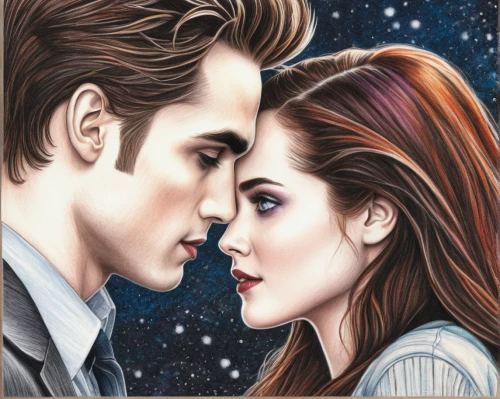 twiliight,flightless bird,twilight,honeymoon,star ship,first kiss,romantic portrait,flightless,the moon and the stars,beautiful couple,the stars,david-lily,artists of stars,couple in love,celestial bodies,romantic scene,young couple,prince and princess,two hearts,chalk drawing,Conceptual Art,Daily,Daily 17